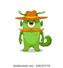 cartoon funny childish sheriff with star hat and tail alien vector illustration. Vector illustration