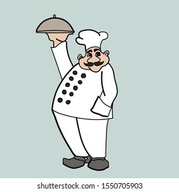 Cartoon funny childish smiling vector chief with plate of yummy stuff