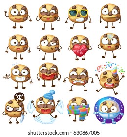 Cartoon funny choc chip cookie characters vector illustration. Cute food face emoji icons isolated on white background. Cartoon food emoticon face. Set 2
