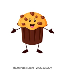 Cartoon funny chocolate muffin bakery character. Isolated vector cupcake personage with choco chips, delightful and animated pastry with a rich cocoa flavor, wearing a cute facial expression