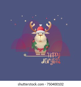 Cartoon funny Christmas deer and handwritten words Happy New Year. Colorful icon on dark blue background. Vector illustration  for greeting card, poster.