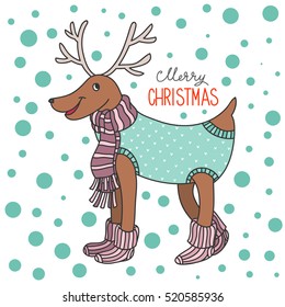 Cartoon funny Christmas deer knitted clothes and socks, hand-drawn vector illustration.