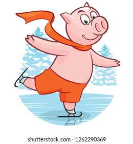 Cartoon funny Christmas piggy skating on rink greeting card. Piglet with orange scarf. Happy Chinese new year. Winter scene and winter sport activity. Pig  symbol of the New Year. Vector illustration