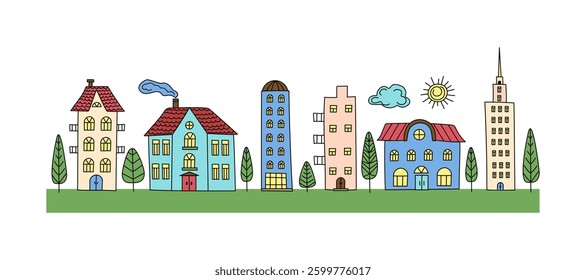 Cartoon funny city, colorful houses. Hand drawn town, trees. Children's drawing, doodle. Architecture, construction, flat vector illustration on isolated background.