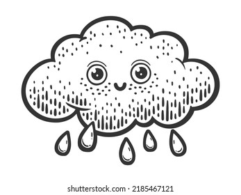 caricatura nube graciosa con dibujo de lluvia grabando ilustración vectorial. Imitación de tablero de raquetas. Imagen dibujada a mano en blanco y negro.