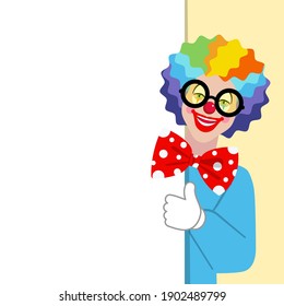 Cartoon funny clown with a blank billboard. Vector illustration for design birthday party, poster, banner, card, web site