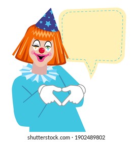 Cartoon funny clown with hands making heart sign. Design for birthday party, poster, banner, card, web site