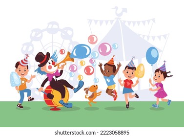 Cartoon funny clown with kids. Happy children watching entertaining show. Street jester artist in makeup and bright costumes. Colored soap bubbles. Birthday party amusement. Splendid vector concept