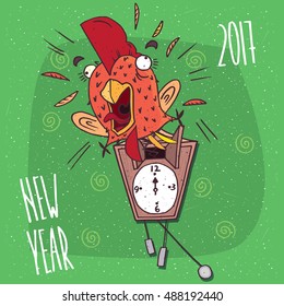 Cartoon funny cock or rooster with her mouth open jumped out of the wall clock, like the cuckoo and screaming. Green background and New Year 2017 lettering. Vector illustration