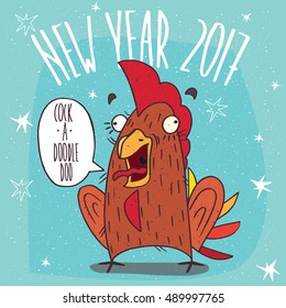 Cartoon funny cock or rooster with her mouth open stands and screaming Cock a doodle doo. Blue background with stars and New Year 2017 lettering. Vector illustration svg
