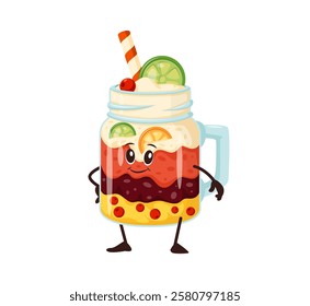 Cartoon funny cocktail dessert fast food character. Isolated vector drink personage in mason jar featuring vibrant layers, berries, lime slices, whipped cream, cherry, and a striped straw on its top