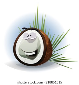 Cartoon Funny Coconut Character/ Illustration of a funny happy cartoon coconut character with palm leaves