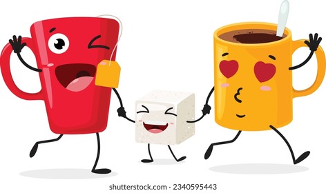 Cartoon Funny coffee cup with sugar cube and tea, set of Cute characters, Isolated on white background