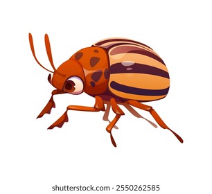 Divertido personaje de insecto escarabajo de patata de Colorado de dibujos animados con ojos saltones de gran tamaño, concha rayada y antenas vibrantes. Vector aislado Leptinotarsa decemlineata, plaga juguetona del jardín o personaje del insecto