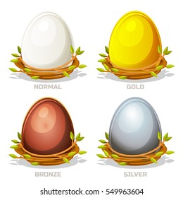 Cartoon funny colored Eggs in birds nest of twigs. Normal, gold, silver and bronze