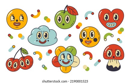 Cartoon funny comic characters. Abstract stickers faces. Heart, cloud, mushroom and cherry mascots flat vector symbols illustration set. Cute comic emoji bundle