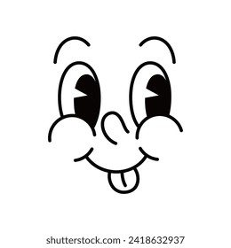 Cartoon funny comic groovy face emotion and retro cute emoji character with sticking tongue. Vector teasing smile emoticon, playful facial expression with goggle eyes express glad positive feelings