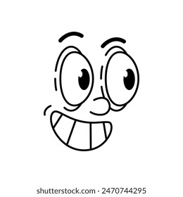 Cartoon funny comic groovy face stare look emotion, retro cute emoji character with goggle eyes and toothy smile. Isolated vector captivated comic facial expression with wide eyes emitting delight