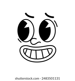 Cartoon funny comic groovy face toothy smile emotion and retro cute emoji character. Isolated vector cheerful and positive facial expression. Monochrome grinning personage emoticon with goggle eyes