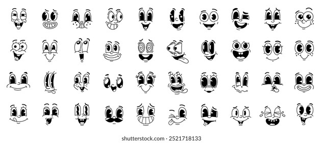 Cartoon engraçado cômico groovy face emoção e retro personagens emojis bonitos. Rostos sorridentes felizes de personagens vetor de animação vintage com olhos e bocas peculiares, corações, línguas provocantes e bigode