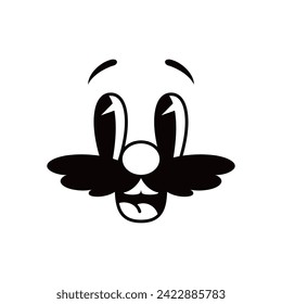 Caricatura divertida humorística groovy bigotón sonriente cara emoción y carácter retro lindo emoji. El personaje cómico vectorial aislado y con bigotes lleva expresión alegre, irradiando asombro y sorpresa