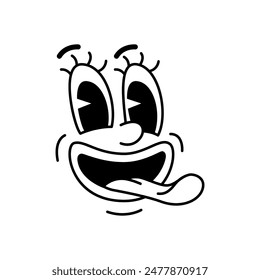 Cartoon funny comic mischievous groovy face emotion, retro cute emoji character. Isolated vector monochrome teasing facial expression with goggle eyes and playful sticking tongue, fun, cheeky message