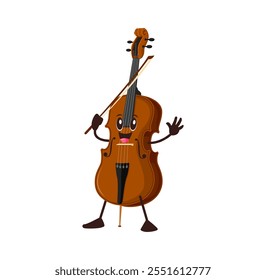 Cartoon funny contrabass, double bass musical instrument character. Vector string musician equipment personage with smiling face and bow in hand playing classic music. Educational classes for kids