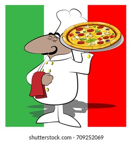 Cartoon funny cook pizza. Vector illustration. Clip art