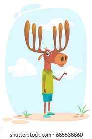 Cartoon funny cool elk moose wearing summer clothes on simple background. Vector illustration for print, sticker, banner