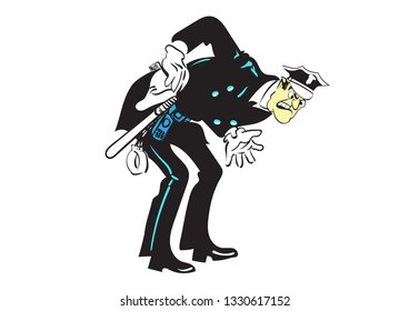 cartoon funny cop in white gloves with handcuffs and gun