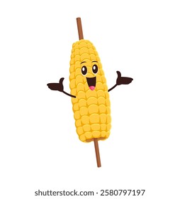 Cartoon funny corn cob fast food character with a smiling face, arms and a stick for holding. Isolated vector cute grilled vegetable snack personage exudes playful and happy vibe with happy expression
