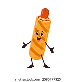 Cartoon funny corndog fast food character exuding a playful and friendly vibe. Isolated vector cute corn dog or hotdog takeaway meal personage. Street junk meal with juicy sausage in roasted dough