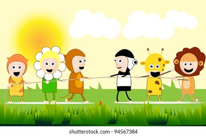 cartoon funny costumed children play tug of war