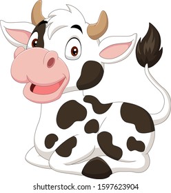 Cartoon funny cow sitting on white background