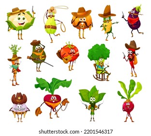 Cartoon Funny Cowboy, Sheriff, Robber Bandit And Ranger Vegetables, Vector Characters. Carrot, Pumpkin And Tomato With Avocado In Western Ranger Hat With Revolver Guns And Cowboy Lasso