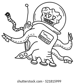 Cartoon funny, crazy alien or monster outline original illustration