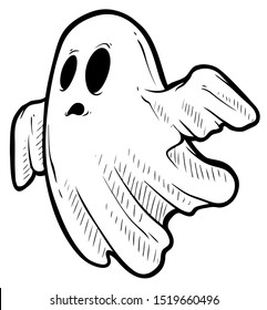 Cartoon funny crazy graphic black and white hand drawn ghost monster with spooky face. Isolated on white background. Halloween vector icon.