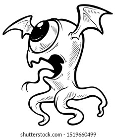 Cartoon funny crazy graphic black and white hand drawn dragon monster with wings and tentacles. Isolated on white background. Halloween vector icon set.