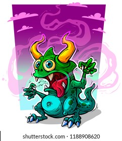 Cartoon funny crazy green stinky monster with horns and canines. On violet background. Halloween vector icon.