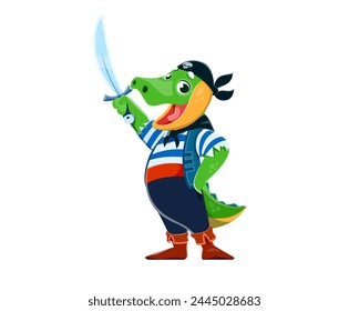 Cartoon funny crocodile animal pirate sailor character, croc corsair seaman. Isolated vector rover or boatswain reptile personage with saber, sailing the high seas in search of treasure and adventure