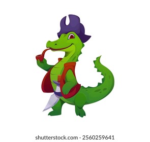 Cartoon funny crocodile pirate animal character, croc corsair smoking the pipe. Isolated vector daring reptile rover personage with a saber, sailing the high seas in search of treasure and adventure