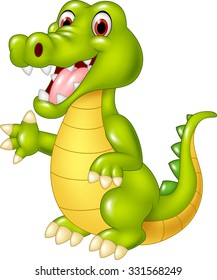 Cartoon funny crocodile waving hand isolated on white background 