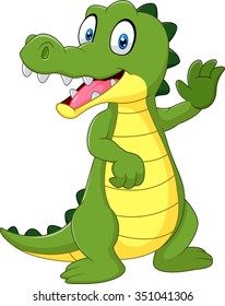 Cartoon funny crocodile waving hand isolated on white background