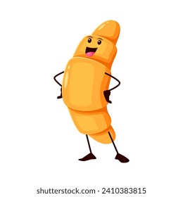 Cartoon funny croissant bakery character. Isolated vector mischievous pastry personage with a golden, flaky crust and confident smile, posing with arms akimbo, ready for a playful confection adventure