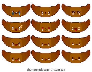 Cartoon funny croissant characters isolated on white background. Funny food face icon emoji. Flat design Vector Illustration EPS