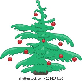 Cartoon Funny Crooked Christmas Tree Isolated On White Background. Decorations With Red Balls. Vector Illustration. For New Year Cards, Banners, Posters.