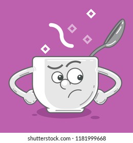 
Cartoon funny cup of tea character isolated on color background illustration. Funny cup of coffee face icon. Emotional cup. Suspicious cap. Vector illustration.