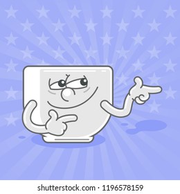Cartoon funny cup of tea character isolated on color background illustration. Funny cup of coffee face icon. Emotional cup. Hey you cup. Vector illustration.