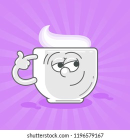 Cartoon funny cup of tea character isolated on color background illustration. Funny cup of coffee face icon. Emotional cup. Little fool cap. Vector illustration.
