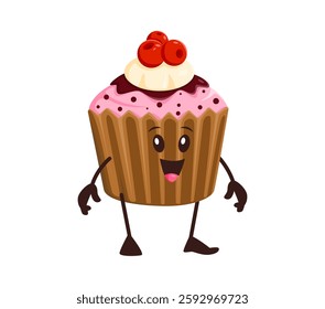 Cartoon funny cupcake muffin or fast food dessert character, vector personage. Cute muffin cupcake with happy face and funky smile or laugh for fast food sweet dessert character and kids cake emoji